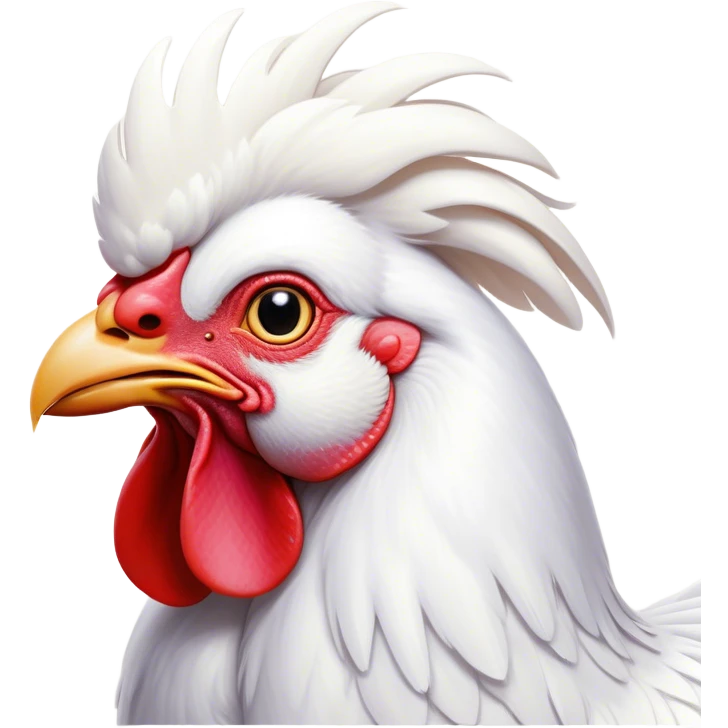 Cinematic Noble White Rooster Portrait Emoji, Poised and regal, with a robust, commanding build and a pristine, well-groomed pure white plumage, deep-set soulful piercing eyes, Simplified yet sharp and sophisticated features, highly detailed, glowing with a soft, dignified glow, high shine, intelligent and proud, stylized with an air of barnyard majesty, focused and attentive, soft glowing outline, capturing the essence of a watchful and confident leader, so majestic it feels as though it could crow out of the screen with effortless authority! emoji