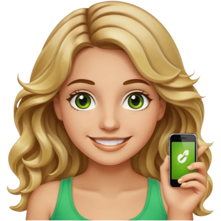 smiling young woman with long wavy hair brown roots blonde highlights green eyes brown eyebrows summer tan iPhone emoji style emoji