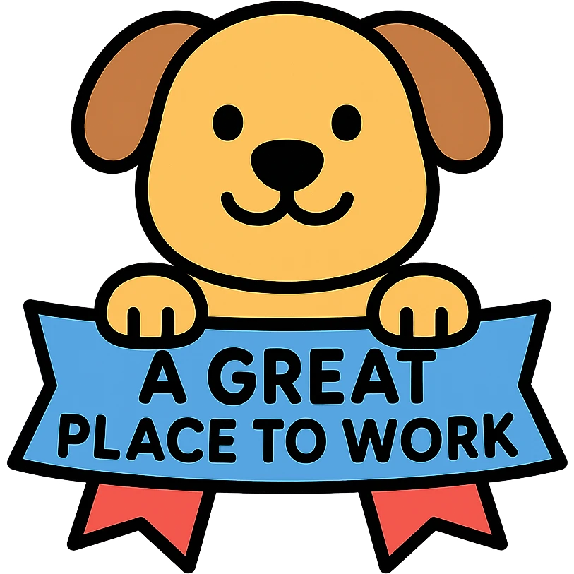 dog holding a ribbon with the text 'a great place to work' written in blue, lineal color icon with black outlines emoji