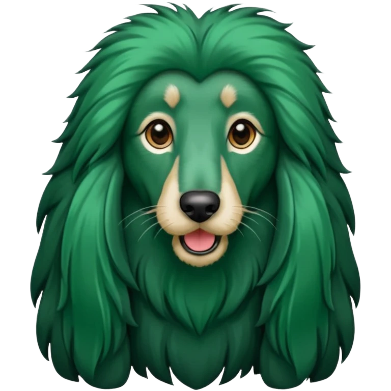 dark green dog extra furry afghan hound. The dog fur is totally dark green emoji