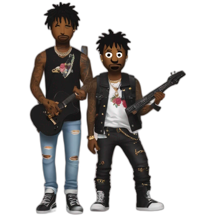 21 savage with him tattos and a gun in hand next to kurt cobain with guitar emoji