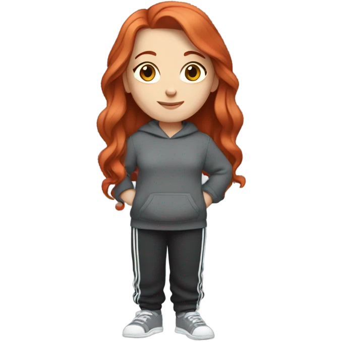 a white girl with red hair wearing lose grey sweats with a black sweater with white and grey lines  emoji