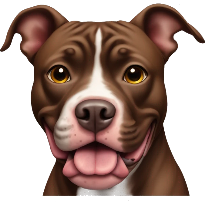 American pit bull dog, the colour of the dog is chocolate tiger, he sits and looks forward. The ears are cut off, the mouth is open, the tongue is sticking out emoji