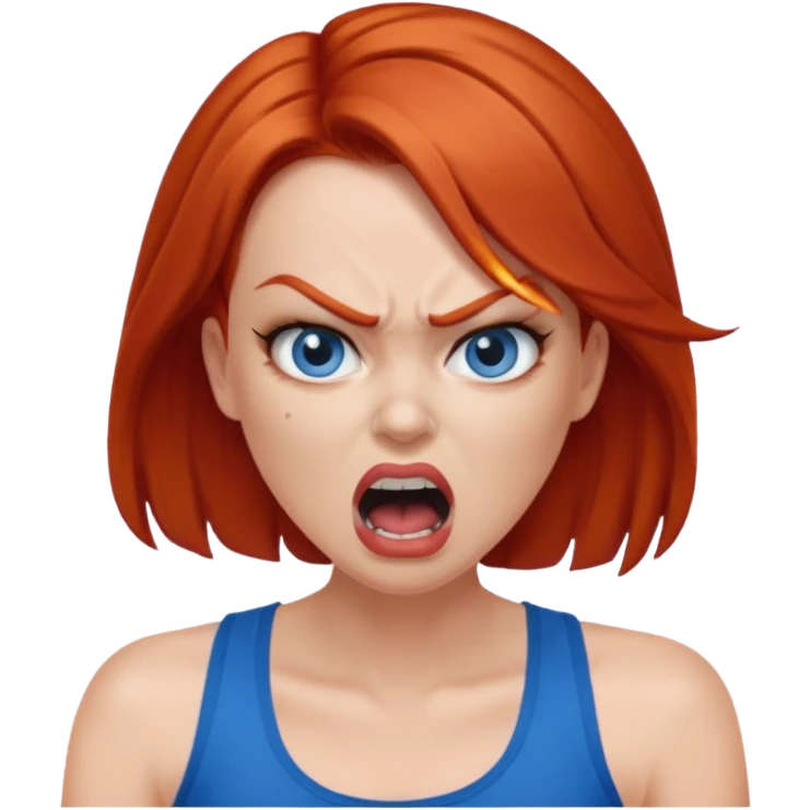 mujer pelirroja con los ojos y los labios maquillados enojada gritando con musculosa azul emoji