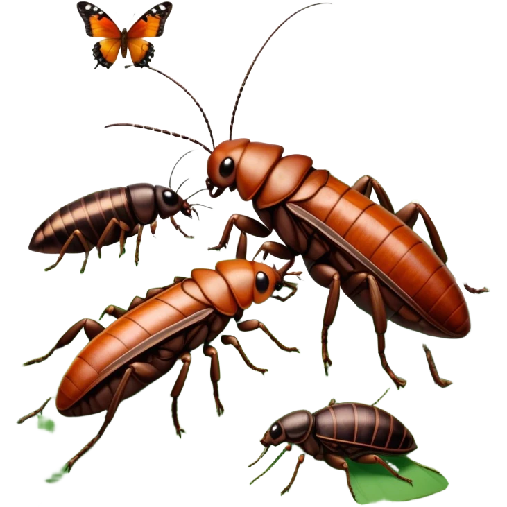 Close-up of giant Madagascar hissing cockroaches, butterflies, and stick insects in their natural habitat. The insects are shown in detail, highlighting their unique textures and colors, surrounded by plants and leaves. Soft lighting to enhance their features. Transparent background. emoji