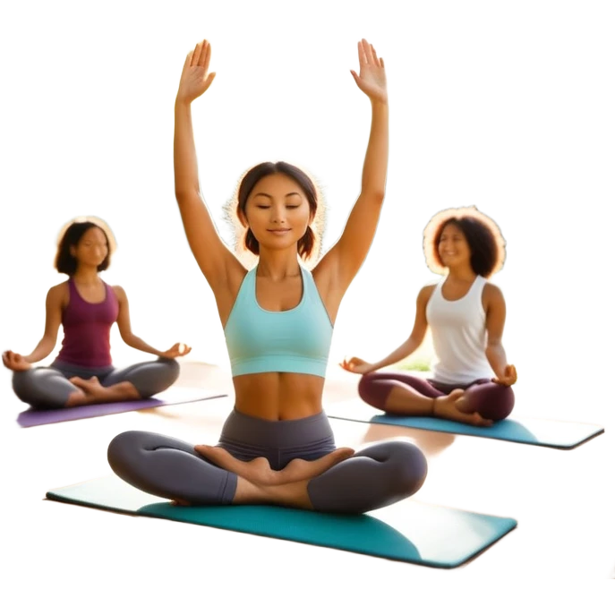 A person moves through a gentle yoga pose in the morning sun, one hand reaching up, the other near a plate of vibrant whole foods and a bottle of water. A cozy bed sits behind them, glowing softly. Nearby, a small group of friends laughs together under a tree—health, movement, nourishment, rest,  emoji
