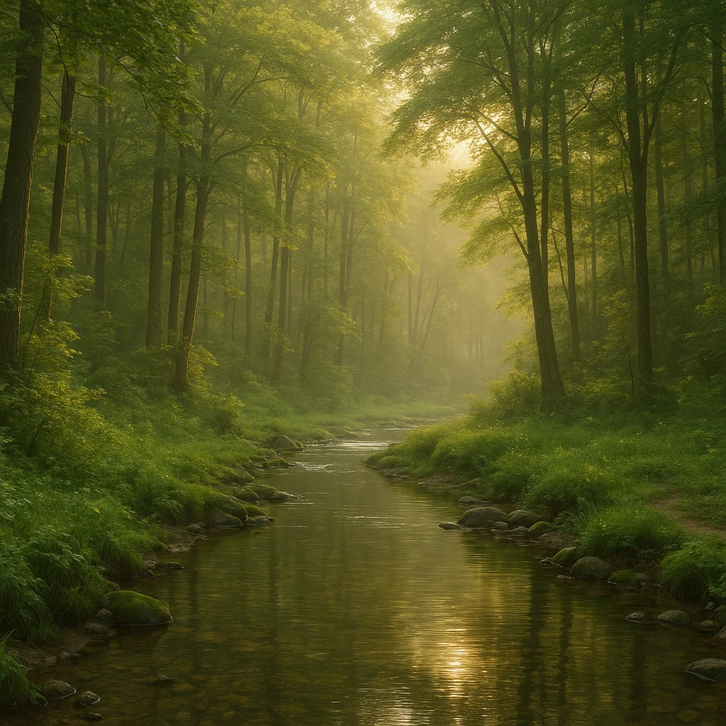 realistic forest landscape, 1920x1080 aspect ratio, early morning, dense trees, clear stream winding through foreground, soft golden morning light, lush greenery, detailed water reflections, gentle mist, no wildlife emoji
