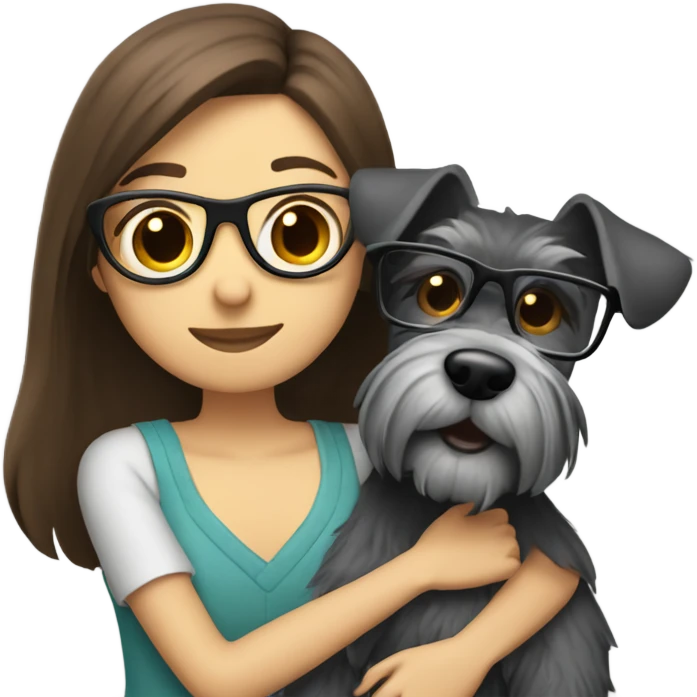 schnauzer hugging girl that has brown hair and glasses emoji