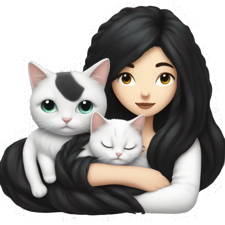 A pretty white girl with very long black hair and sleeping curled up to a white cat  emoji