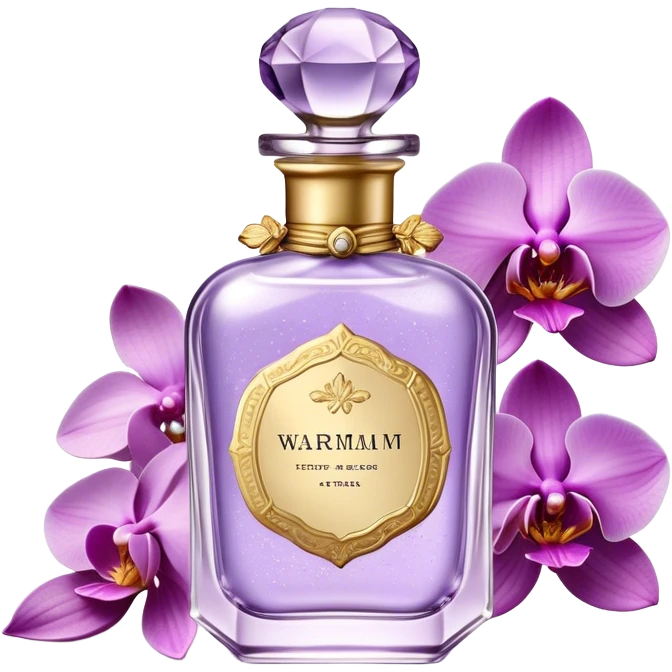 Create a delicate vintage French-style perfume bottle in an orchid hue, adorned with intricate gold detailing and an elegant glass stopper. Surround it with lush lilac flowers, along with soft lavender sprigs and petals scattered around for a dreamy, romantic atmosphere. The background should have a subtle antique texture, evoking the charm of a Parisian boudoir. The lighting should be soft and diffused, enhancing the luxurious and nostalgic feel emoji