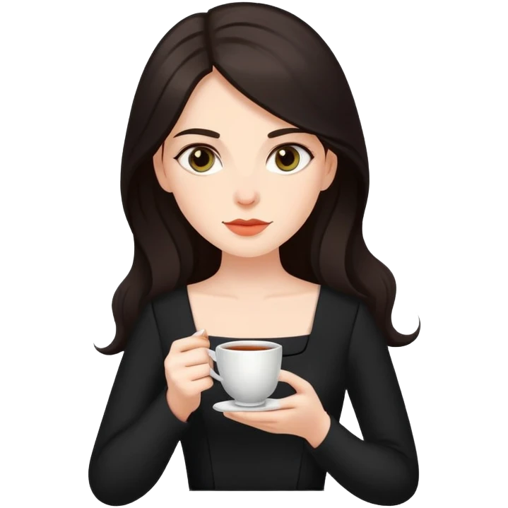 a white woman with sharp eyes and long dark hair, in a black dress, sipping a cup of tea emoji