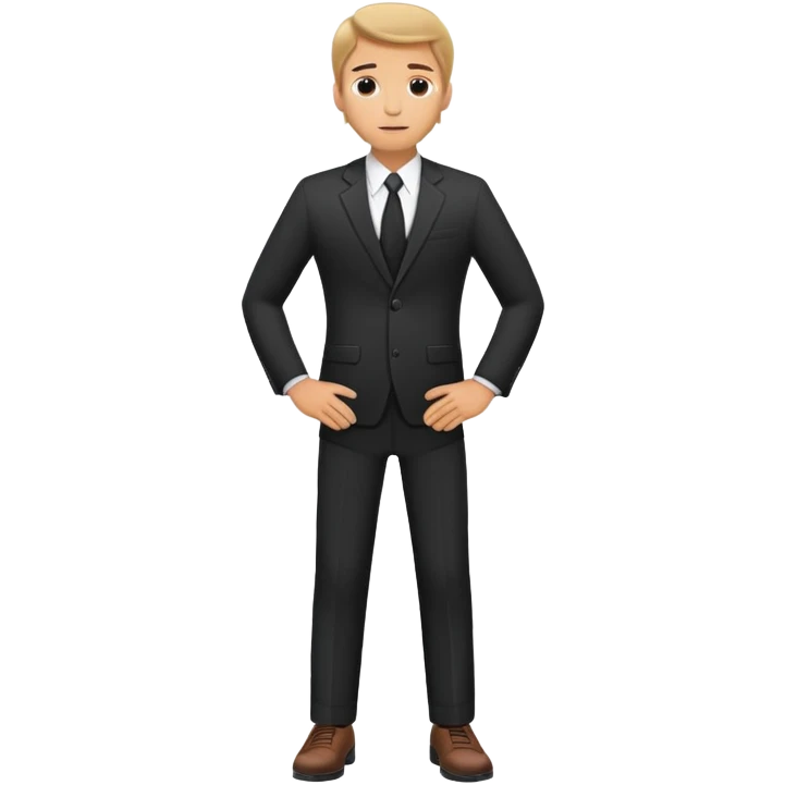 Caucasian male standing wearing dark suit and shoes, with hands on hips emoji