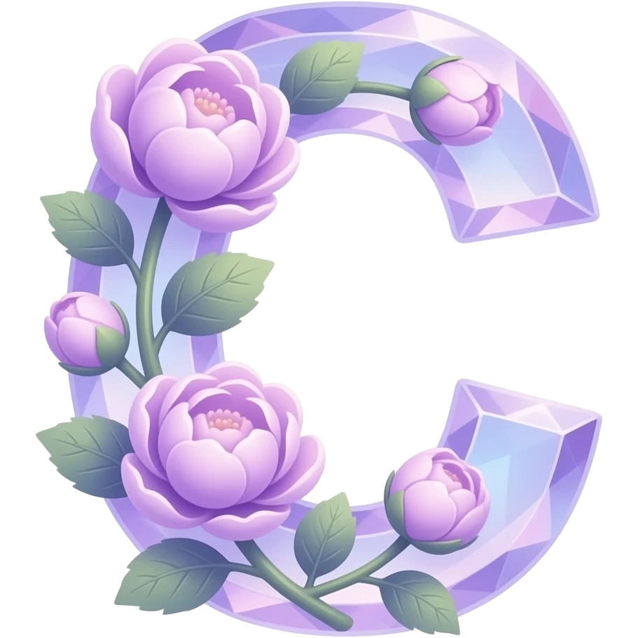 An uppercase letter 'C' sculpted from translucent crystal that glows with a soft violet light. Miniature glowing peonies and tiny heart-shaped leaves grow along its edges. Iridescent texture, fairycore aesthetic, macro photography style emoji