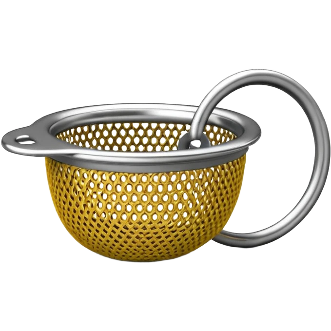 3D render of Tea Strainer, made of interlocking chainmail metal rings, wire mesh texture, visible holes and negative space, metallic silver and grey, high contrast shadows, emoji style, isolated on white background --v 6.0. emoji