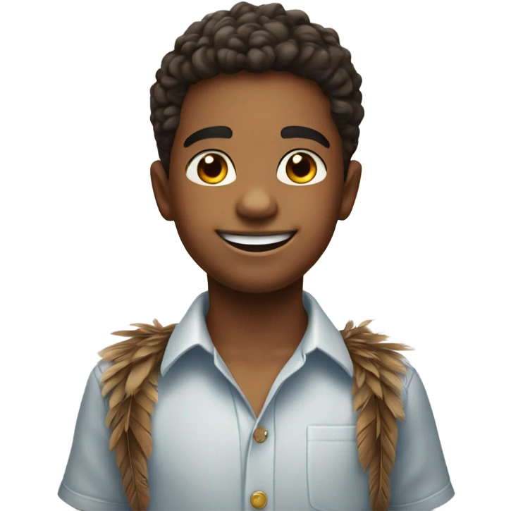 smiling boy in collared shirt with feathers emoji
