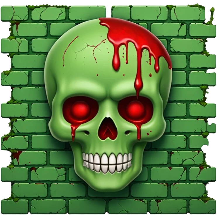 A moss covered green brick wall splattered with blood, in the style.of your bleeding skull art. emoji
