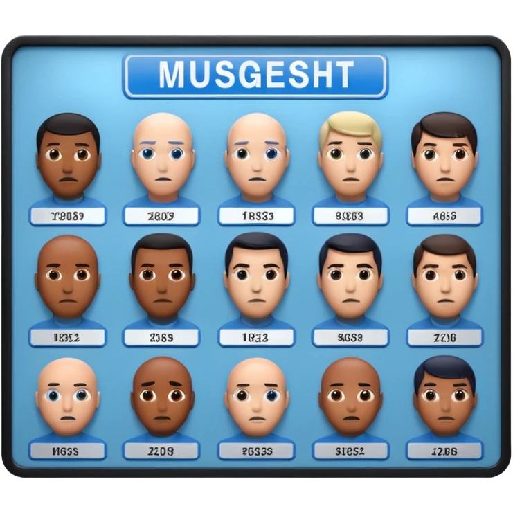 3D render of Mugshot Board, forensic investigation aesthetic, sterile clinical lighting, cool blue undertones, sharp high-contrast details, professional clean look. emoji