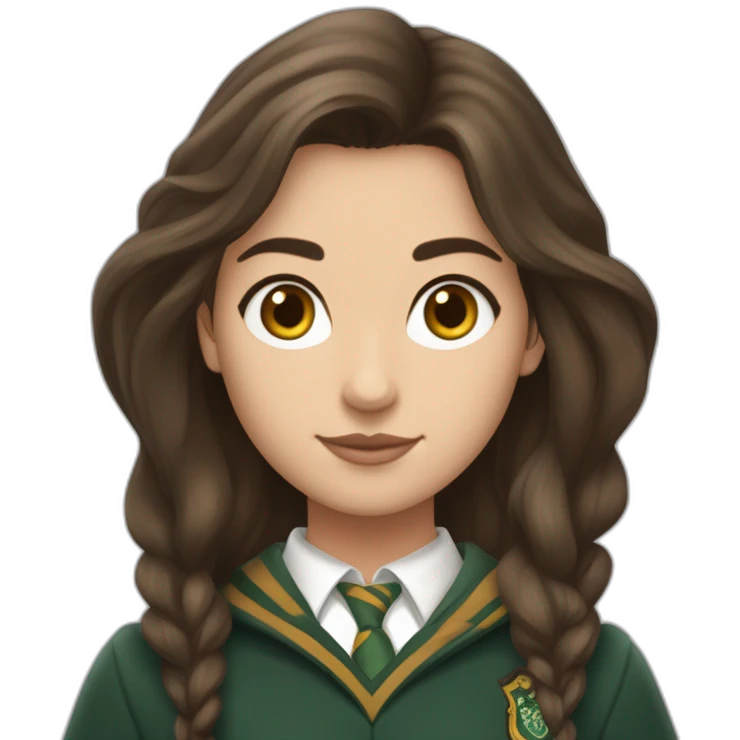 Fille brune aux yeux marron blanche de peau et cheveux détachés avec une tenue de la maison serpentard dans Harry potter emoji