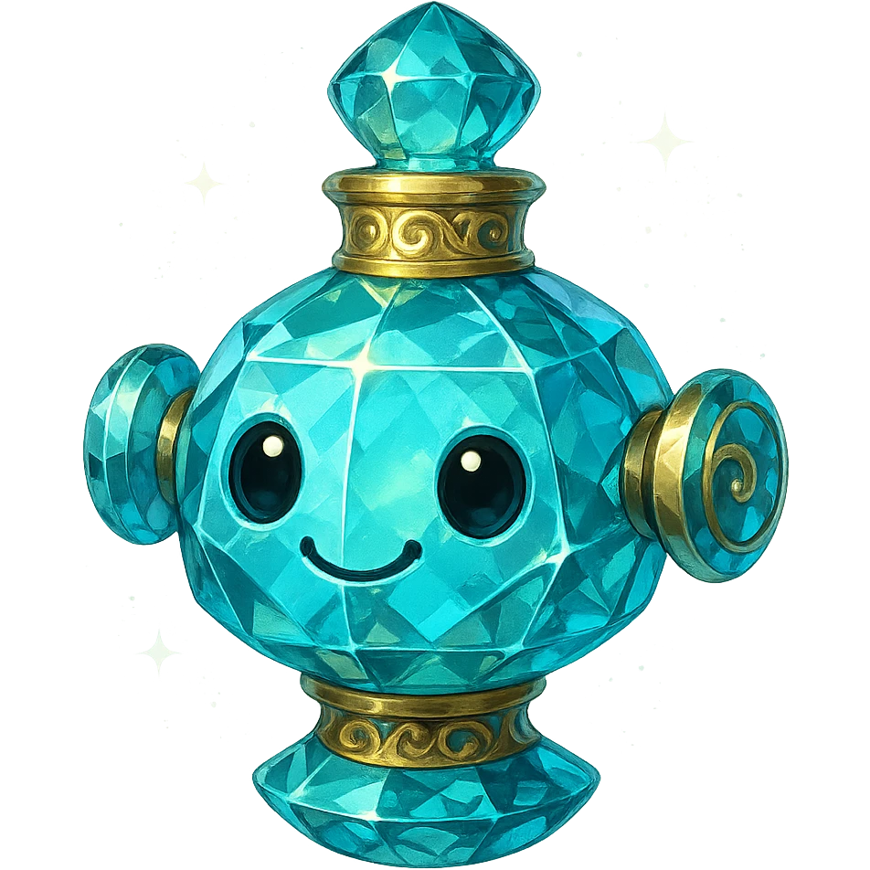 cute, luxurious crystal elixir bottle in the shape of a friendly and playful robot head, cyan color, lots of shining, facets, ornaments, golden details, magical effects, very small golden collar, transparent background, beautiful merging base, clearly floating in the air, no base or shadow, premium class impression, design matching a collection of crystal, luxurious, magical bottles emoji