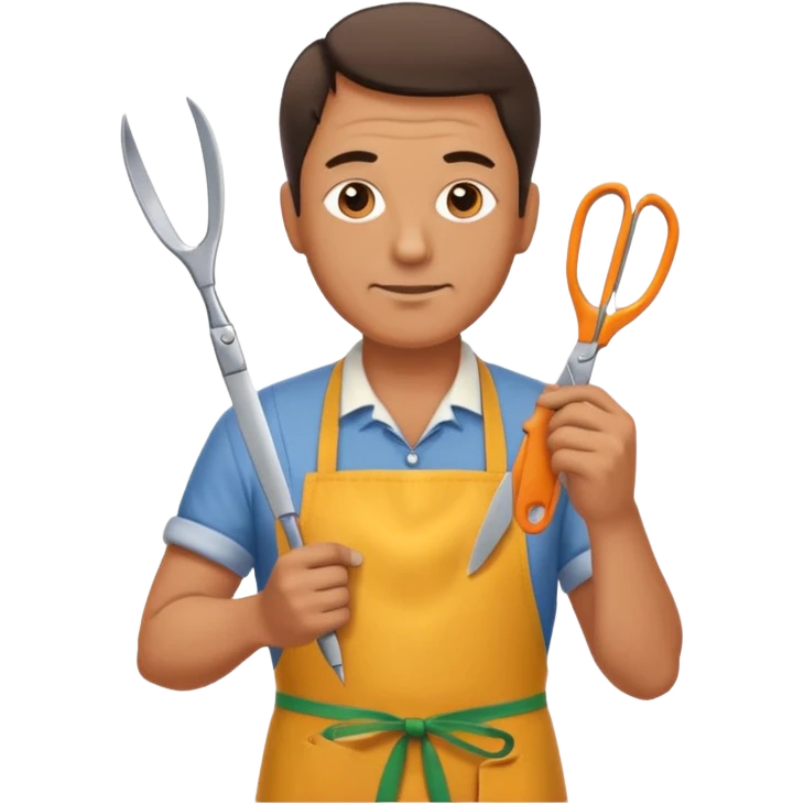 Middle-aged male florist – apron on, trimming stems with scissors emoji