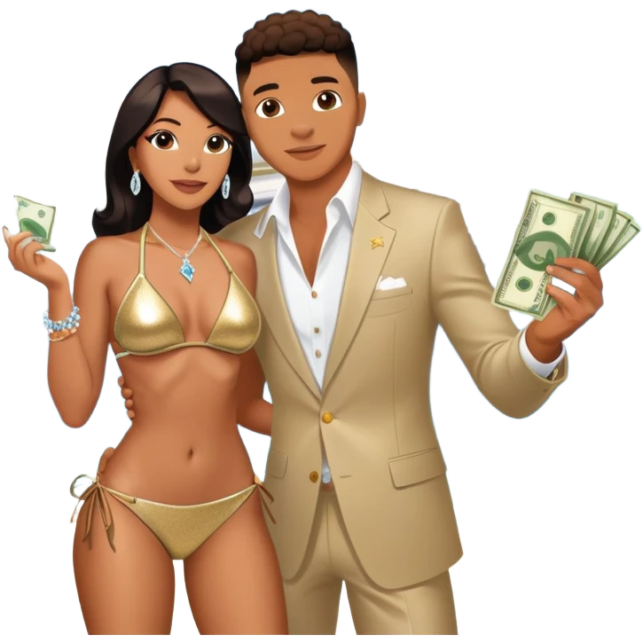 tefi valenzuela wearing diamond sparkle un top bikini and josh king madrid standing on private plane throwing money at her emoji