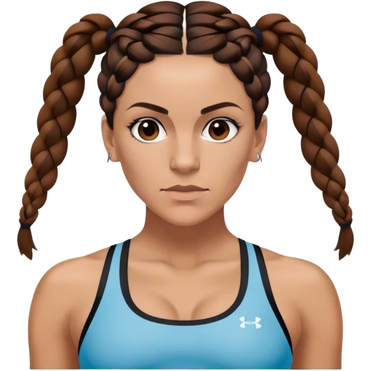 Melanie chisholm with two dark brown french braids parted down the middle, wearing a sports bra emoji
