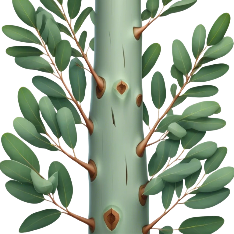 Cinematic Realistic Eucalyptus Emoji, Tall and graceful, with slender trunks covered in smooth, peeling bark and large, fragrant leaves. The eucalyptus trees sway gently in the breeze, releasing a calming aroma that fills the air. Soft glowing outline, capturing the essence of rugged beauty and natural serenity in a tall eucalyptus tree! emoji
