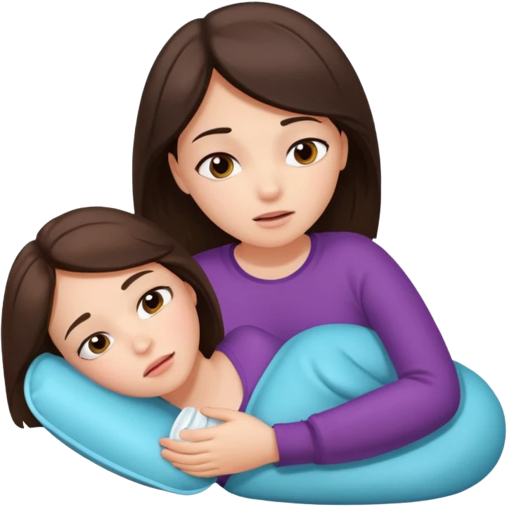 A brunette girl, with a pain face, lying on her side suffering from menstrual cramps, has a hot water bottle on her stomach. emoji