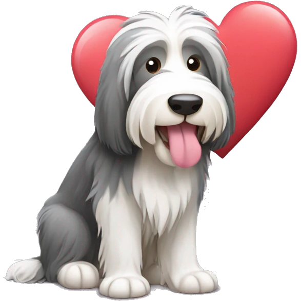 Bearded collie sit and holds a heart in his hands emoji