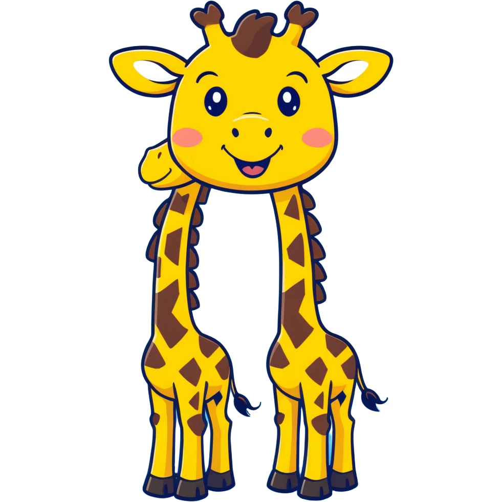 joyful cartoon giraffe dancing on hind legs, front hooves raised, big toothy smile, stars in eyes, bright yellow and brown, thick black outlines emoji