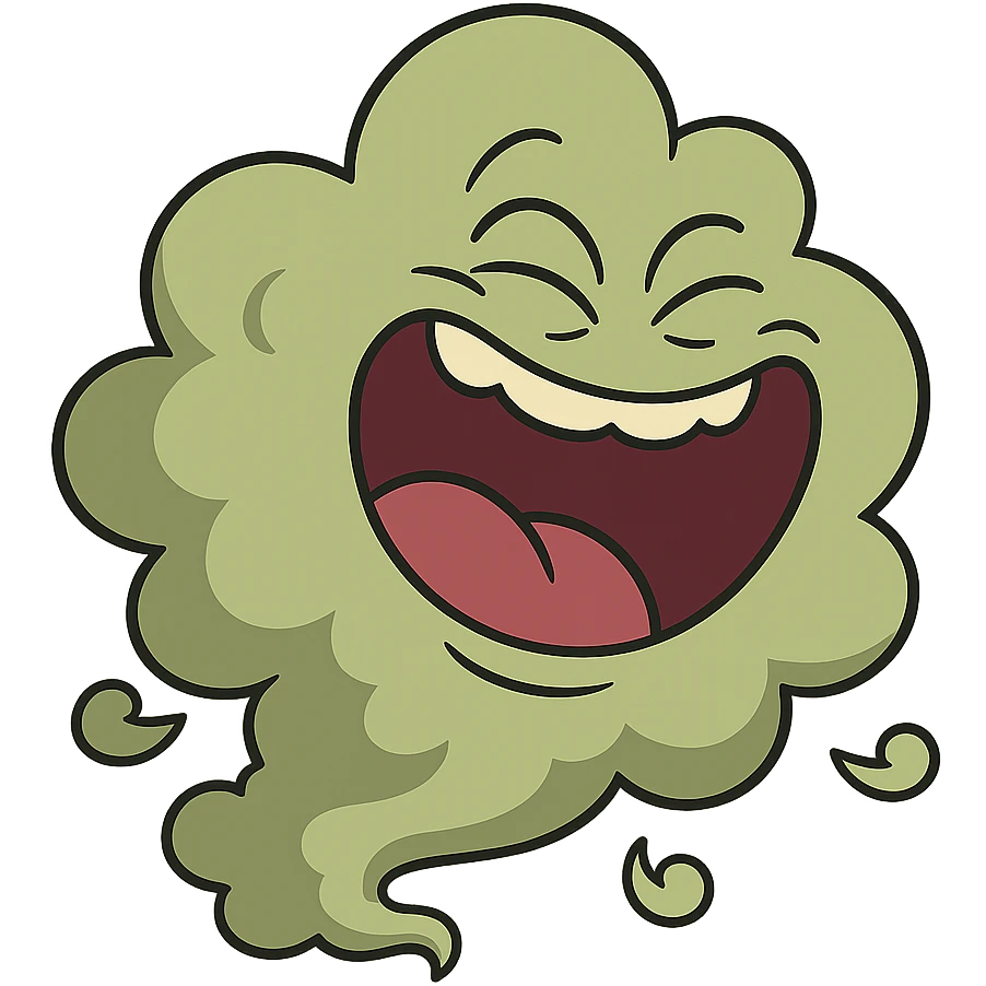 a green fart cloud with a wide open mouth laughing, comic style emoji
