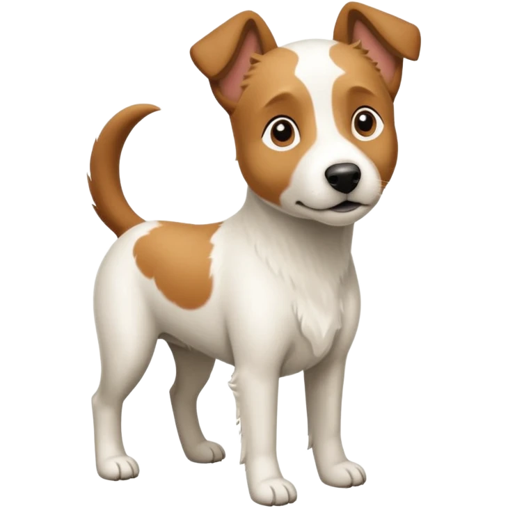 a full body large white parson russell looking dog the size of a kelpie with light brown flapped down ears and a light brown patch on one eye and a large snout emoji