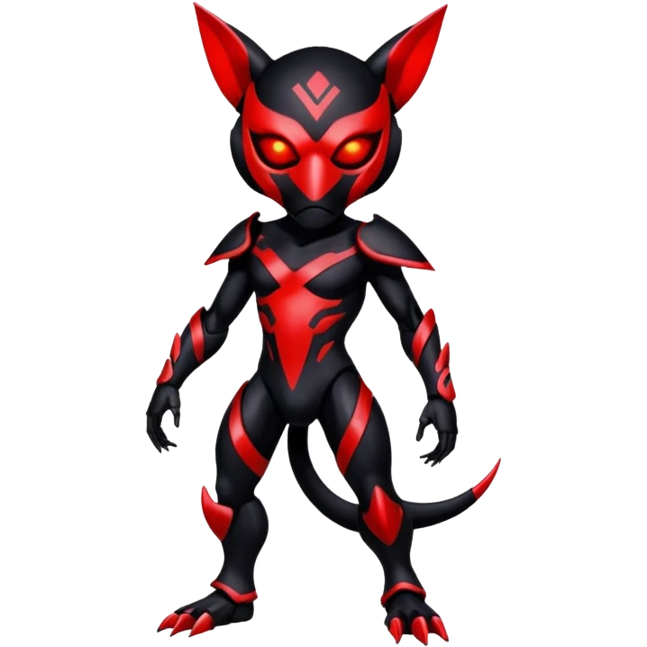 Black shiny alloy Cyber-Lombax-Fakémon-creature with dark black mask and shiny glowing neon red markings (full body) emoji