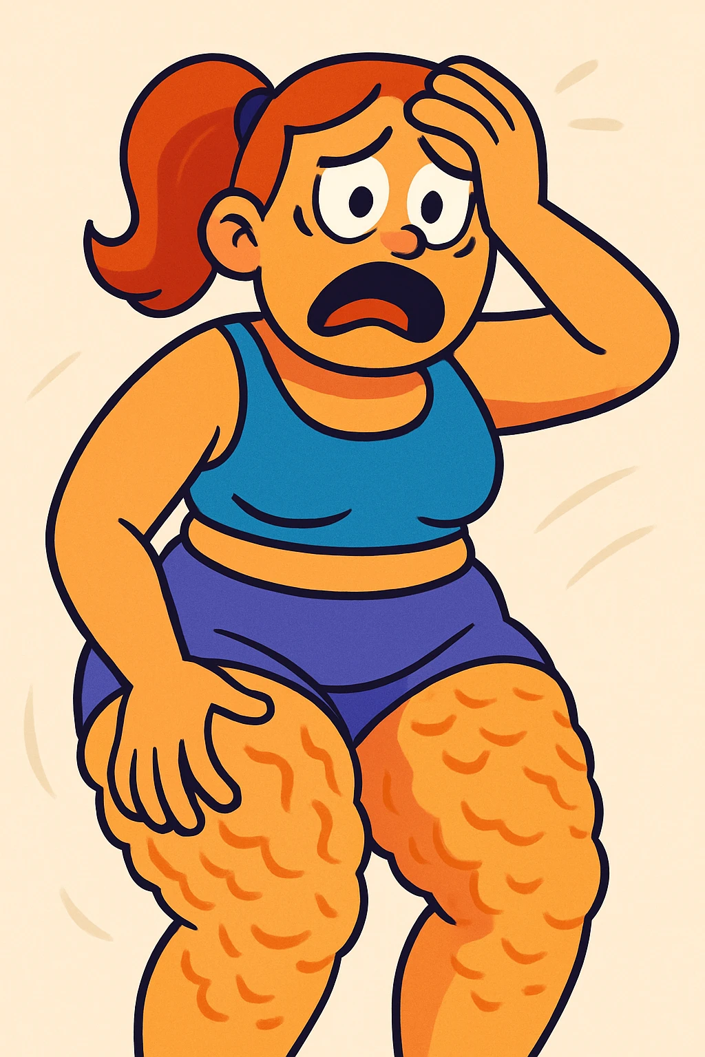 cartoon style vibrant colors illustration of a woman with a lot of cellulite, visibly desperate and tired of her condition, face visible with a marked expression of despair and fatigue, light background emoji