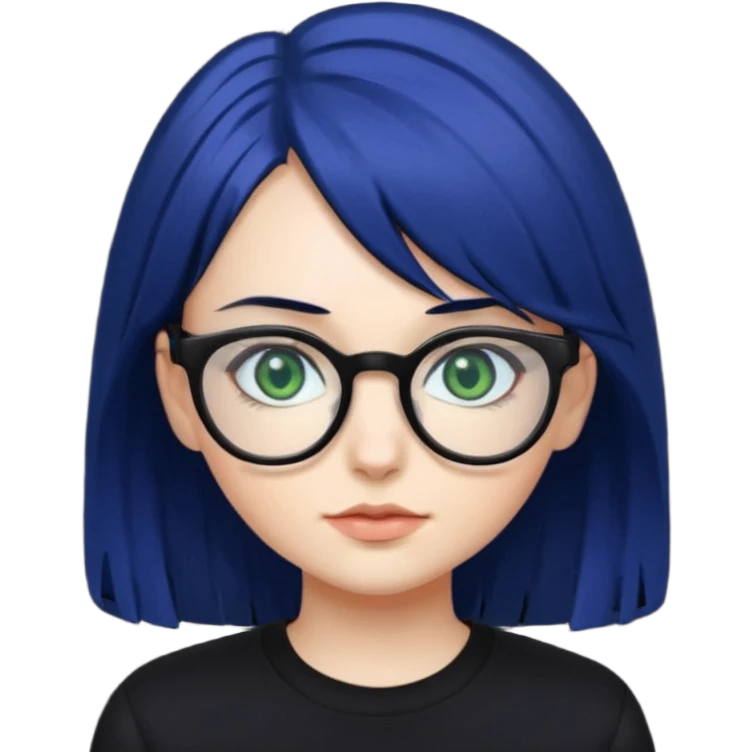 A girl with dark blue hair, glasses and green eyes, wearing black clothes  emoji
