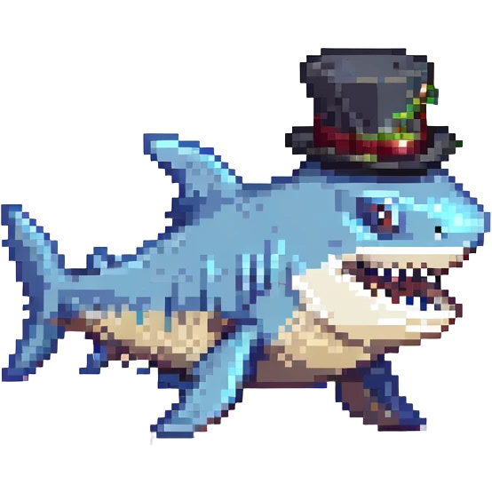 A pixel art style image of a shark wearing a top hat, facing left. emoji