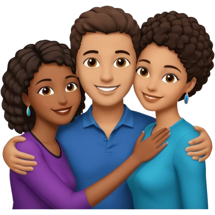  middle Eastern man with short brown hairwith two black african women both are African one is medium tone skin black and one is medium tone black with african hair styles. and they are all smiling and putting their arms around each other and kissing sexually  emoji