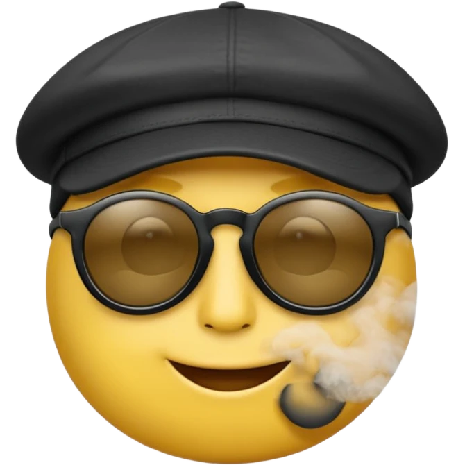 A high-res yellow face emoji with black sunglasses and a backwards black cap, smirking with half-lidded eyes and exhaling soft gray-white smoke, with detailed shading, glossy lenses, and realistic smoke wisps. emoji