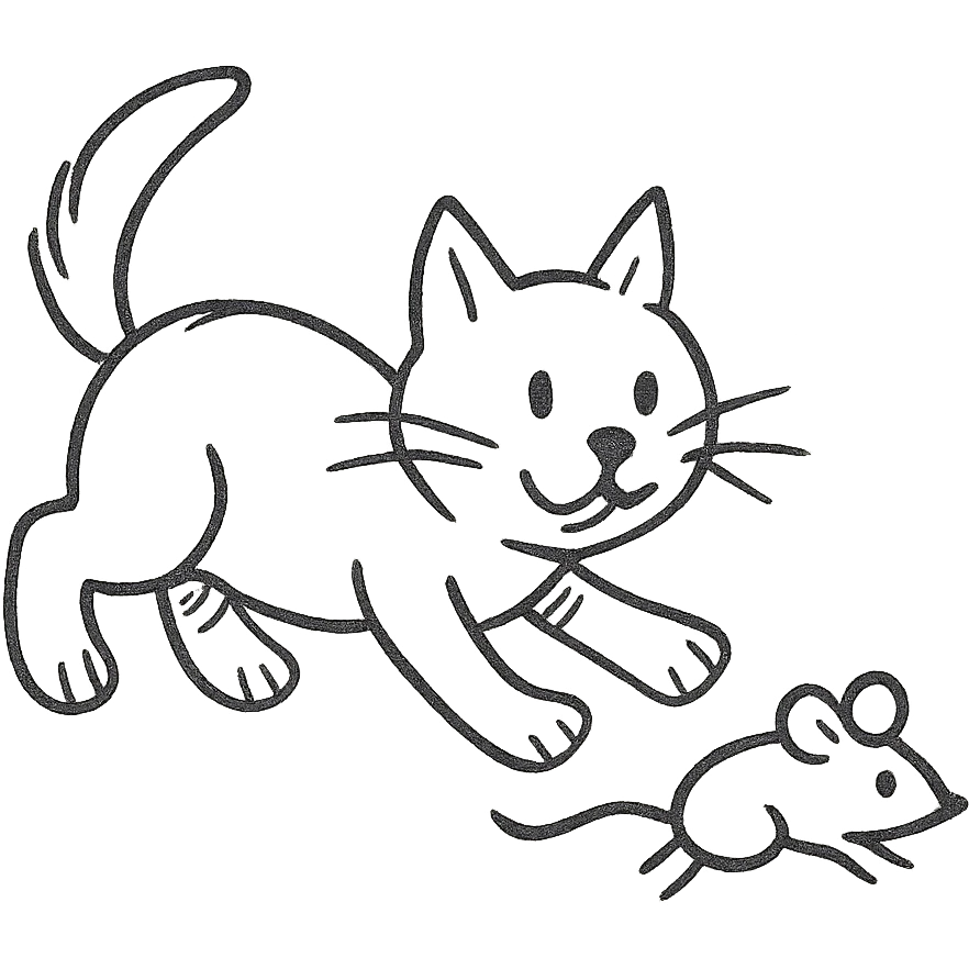 hand drawn outlined cat chasing a mouse icon emoji