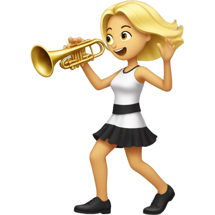 Blonde girl barefoot, black pedicures and marching in place while playing trumpet  emoji