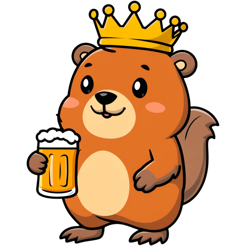 beaver with a crown on head holding a glass of beer emoji