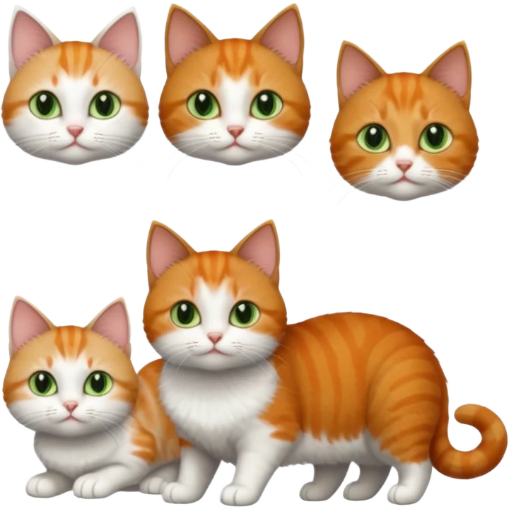full body of 3 tiny short hair cats including a dark grey and white cat with green eyes, a ginger and white with orange eyes and a brown tabby and white with hazel eyes emoji