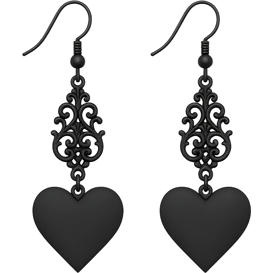 goth earrings with black heart, matte finish, romantic gothic emoji