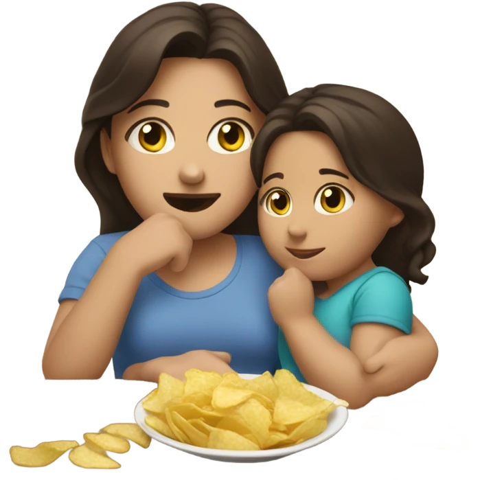 Brunette girl holding baby eating chips  emoji