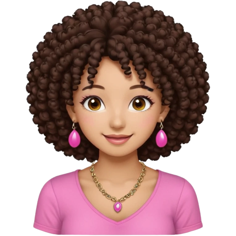 Naturally tan skin girl short darkBrown curly afropink shirt long lashes earrings necklace Brown eyes gyaru smiling closed mouth cute emoji