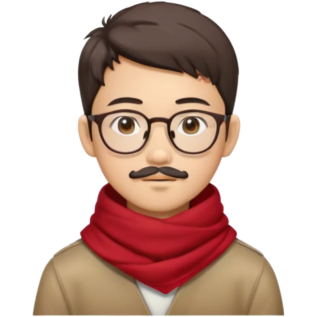An Asian boy with glasses, Korean boy haircut, a little mustache, brown goatee, brown eyes and an earring on his left ear dressed in a red scarf emoji