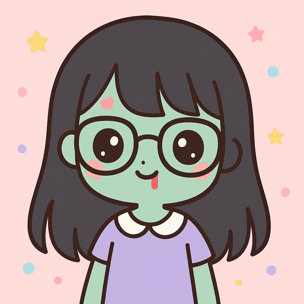 zombie girl with long black hair, bangs, and glasses, anime kawaii style emoji