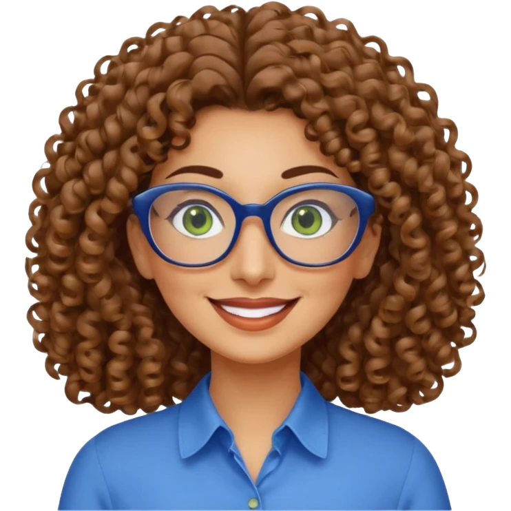 40 yr old Iranian woman, light brown very curly thick hair, shoulder length hair, green eyes, tan skin, big smile, big glasses, with pretty blue blouse emoji