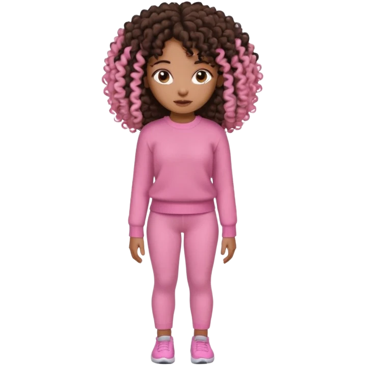 Uma menina negra da pele clara magra definida com roupa de malha rosa com cabelo cacheados  castanho escuro grandão até a bunda sem muito volume no cabelo emoji