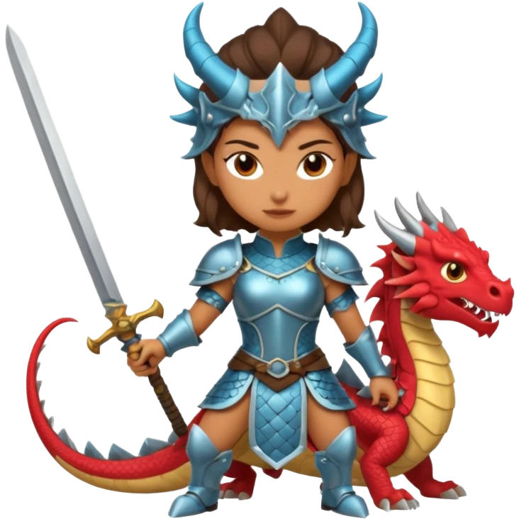Fierce Latina in armor with a sword after a battle cutting off the head of a dragon emoji